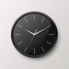Vector 3d Realistic Simple Round Black Wall Office Clock with Black Dial Icon Closeup Isolated on White Background. Design Template, Mock-up for Branding, Advertise. Front or Top View