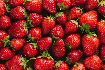 Strawberries as background. Freshly picked red strawberries. Fruit wallpaper