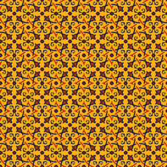 Eastern seamless pattern in yellow, orange and dark blue colors. Stylized oriental ornament. Vector abstract background.