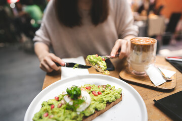 Guacamole avocado healthy food and asian woman background at outdoor restaurant on day