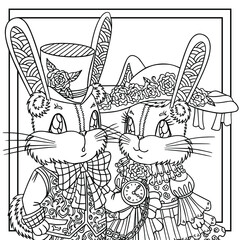 Fairy tale for kids. Funny rabbits in beautiful ornamental decorated costumes. Vector outline graphic illustration for coloring book pages. For relaxing, print, books.