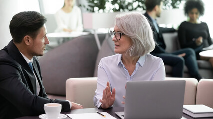 Mature businesswoman explaining online project to business coworker or partner. Female finance...