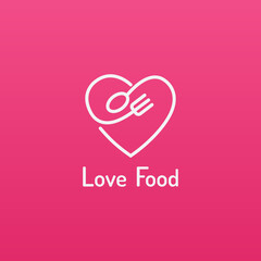 Love Food Logo. Image of a heart formed from a spoon and fork  in a line style.
