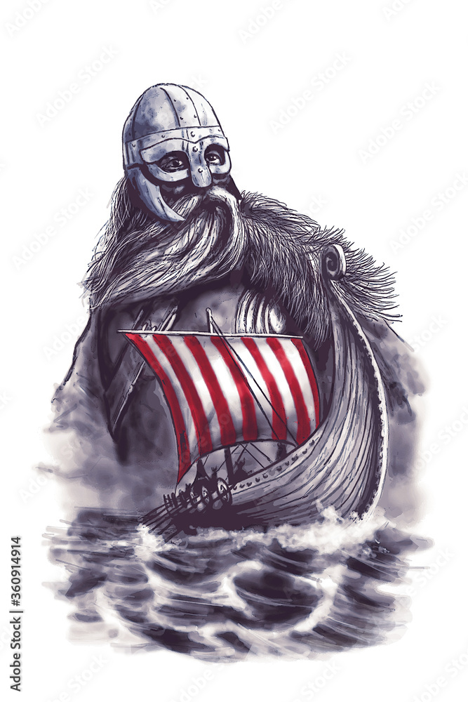 Wall mural viking warrior and viking ship sailing on the sea - drawing