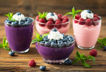 Berry fruit dessert in the glass bowl