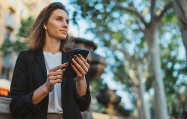 young  businesswoman writes messages on smartphone while walking in a Barcelona Park on Sunny day, cheerful professional financier girl uses mobile device on background trees outdoors