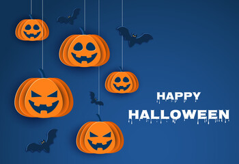 Happy Halloween Halloween classic blue background with pumpkins and bats