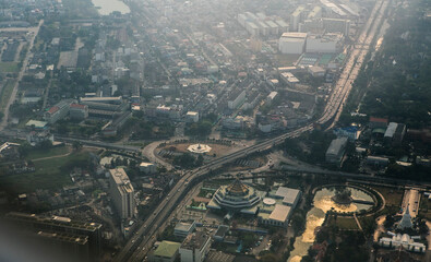 bird eyes view of Bangkok city with street buildings and temple 