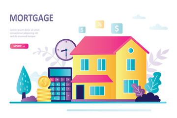 Obraz na płótnie Canvas Landing page about home loan. Calculator, gold coins and construction. Mortgage concept, buying house and real estate
