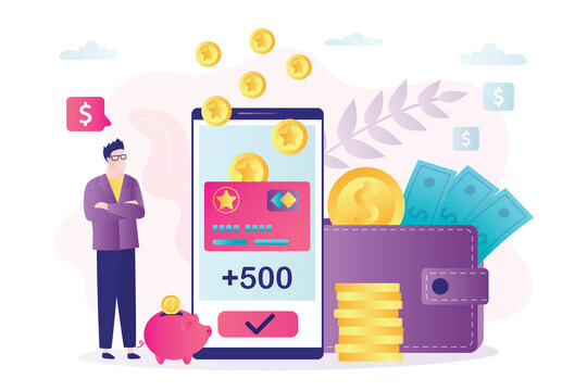 Man client received new bonuses on virtual card. Loyalty program, cashback and earn points. Reward program, bonus card and male character