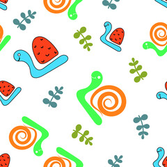 Baby seamless pattern.  Snails on white background. Kids texture for fabric, wrapping, textile, wallpaper, apparel. Vector illustration