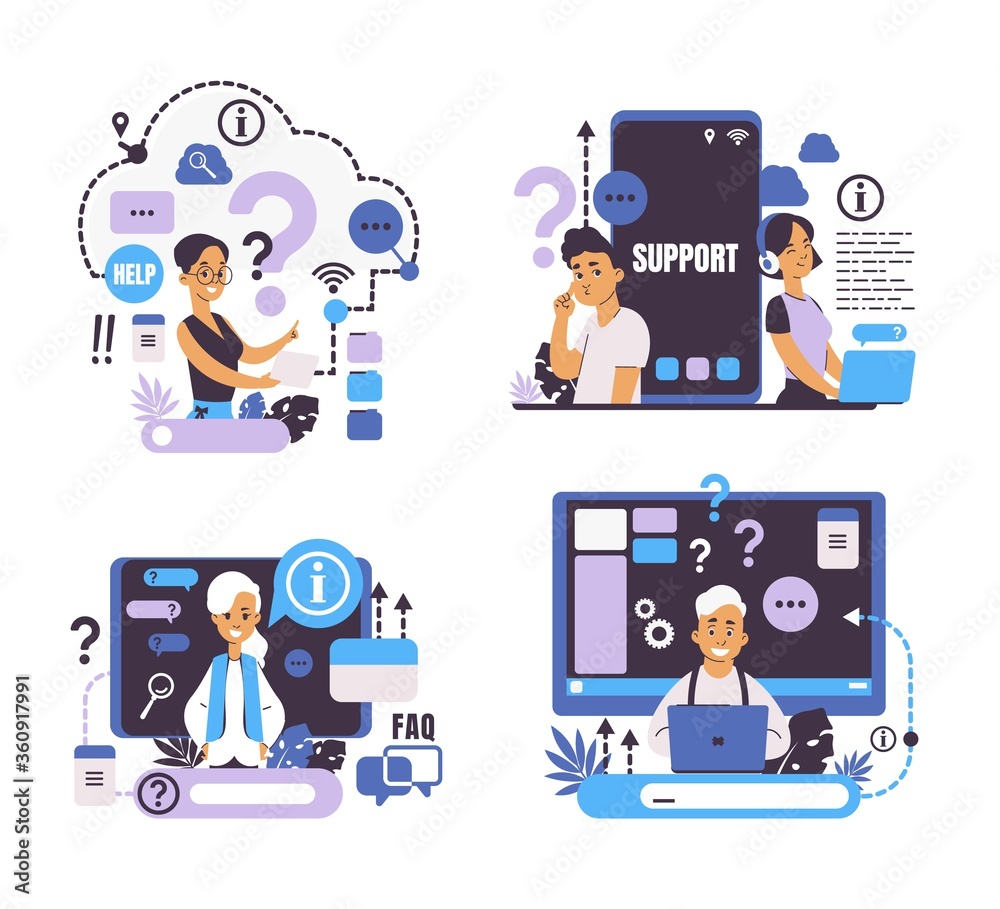 Poster Question concept. Call center and customer support, online help and web forum, frequently asked questions. Vector image searching information set for questions service