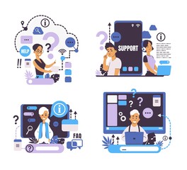 Question concept. Call center and customer support, online help and web forum, frequently asked questions. Vector image searching information set for questions service