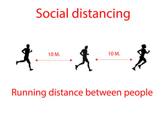 Social distancing,Silhouette runner running outdoor. People running distance between people from each other. Training after covid-19 coronavirus quarantine. Flat vector  exercise after pandemic