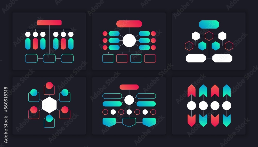 Poster Flow charts infographic. Hierarchy organization block schemes with branches and structure. Vector graphic elements mapping diagram tree design template