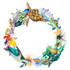 Abstract circle wreath of tropical reef fish, sea turtles, sea horses, jellyfish, squid, corals, anemones, algae, mollusk nautilus. Hand drawn watercolor.