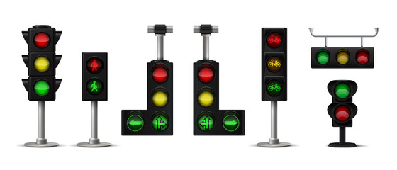 Traffic light. Realistic city stoplight with green yellow and red colors, hanging and standing 3D isolated semaphore with arrows and human icon. Vector set image transport lighting sign