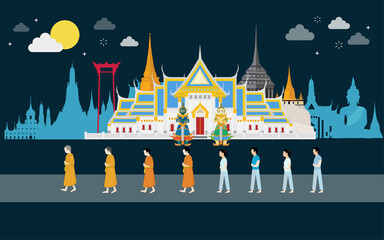 Thailand travel concept. buddhist ceremony where people walk around a temple night.