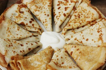 Delicious fresh crepe with sour cream macro