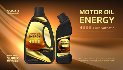 Engine oil. Vector automotive lubricant material advertising with plastic jar and oil drops. Vector illustration auto service poster for oil change with plastic bottle