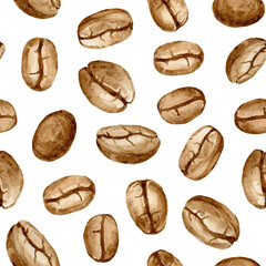 Delicious coffee beans seamless pattern. Hand painted watercolor wallpaper. Coffee time!
