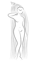 Silhouette figure of a big woman. The girl washes in the shower. A woman is overweight, she is beautiful and sexy. Vector illustration