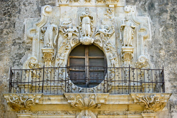 Baroque architectural details on the facade of Mission San Jose y San Miguel de Aguayo (Mission San Jose), San Antonio, Texas