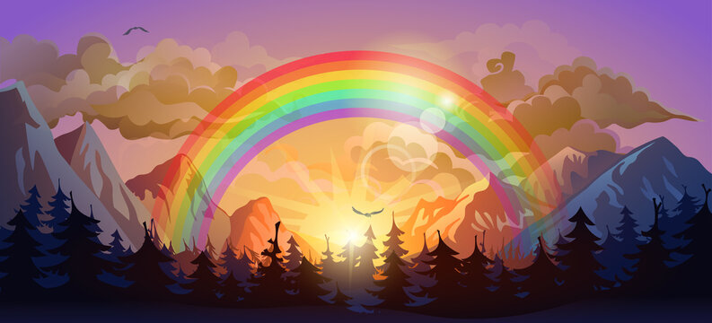 Rainbow in the sunset forest. Vector illustration.