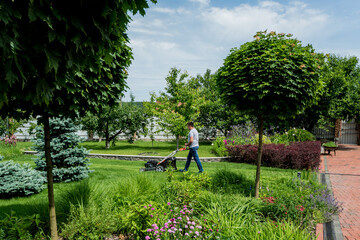 Gardener mowing the lawn. Landscape design. Green background