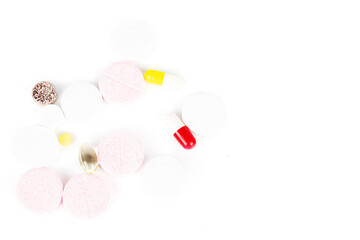pills isolated on white background.Concept of treatment.Vitamins, pills.Pack packs for colds.