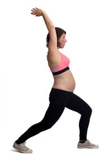 portrait of a pregnant woman exercising on white background