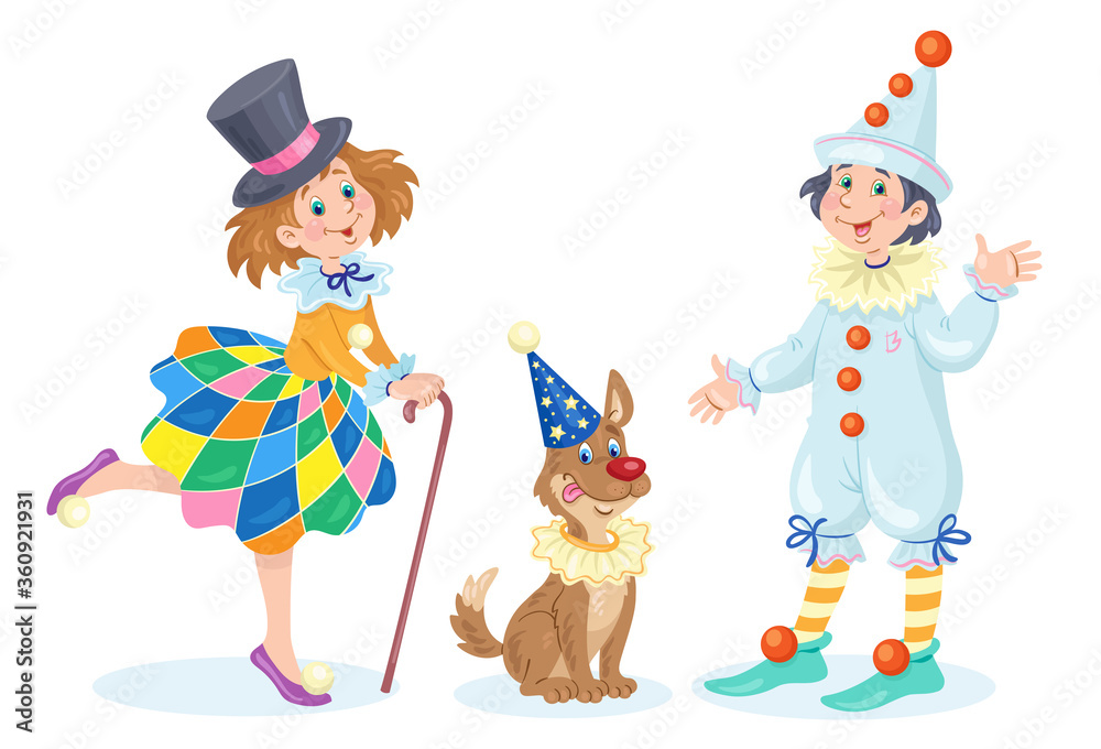 Poster Two happy children and a funny dog ​​in carnival costumes. In cartoon style. Isolated on white background. Vector flat illustration.