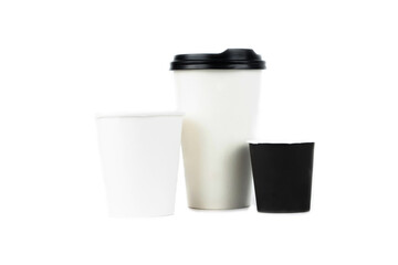 A row of paper coffee cups on a white background.Glasses for coffee and tea of different sizes isolated on white background. Hot coffee, starbucks.