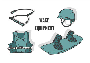 Wake sport elements on flat background. Isolated objects. Maritime sports. Helmet, life jacket, wakeboard.