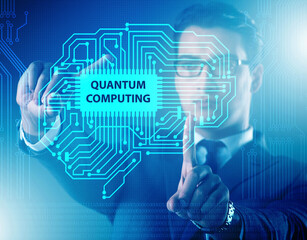 Businessman pressing virtual button in quantum computing concept