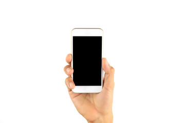 Man hand holding smartphone isolated on white background . Mobile phone on human hand. Cell phone with bank blank touch screen