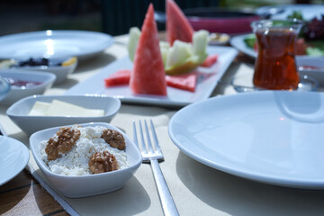 walnut on the cheese on a breakfast table