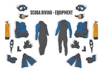 Equipment for diving in a flat style. I try diving, underwater mask, snorkel, fins, googles, wetsuit. Scuba gadgets and accessories.