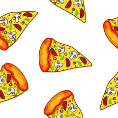 Seamless pattern with Italian pepperoni pizzas. Top view of pizza. Pizza for menu design, cafe design, t-shirts, bed linen.