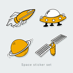 Patches cute set with space cosmonaut planets rockets spaceships. Fashion stickers. Vector illustration. 