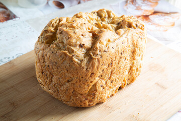 Multi-grain bread made in a home electric bread maker.