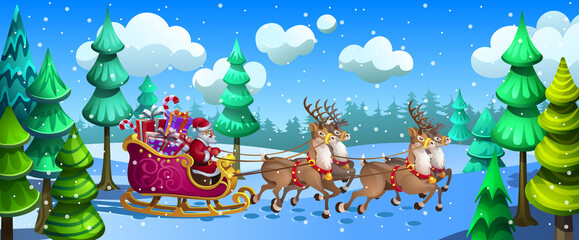 Fototapeta premium Santa Claus carries gifts in a sleigh pulled by deer. Christmas illustration. 