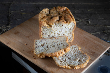 Multi-grain bread made in a home electric bread maker.