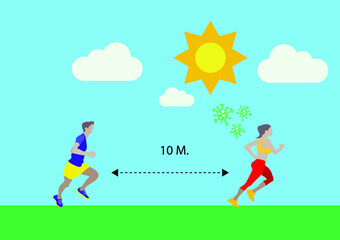 Social distancing exercise running outdoor. People running distance between people from each other. Training in sport club after covid-19 coronavirus quarantine. Flat vector  exercise after pandemic