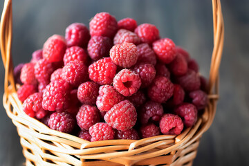 Ripe organic raspberries in brown basket on brown wooden background.