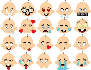 Fototapeta premium Vector illustration of the face of a cartoon baby with various expressions