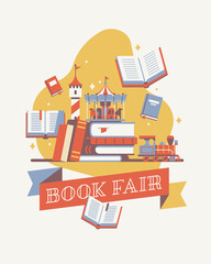 Book fair poster, flyer or banner template in soft limited color scheme. Easy to recolor. Kids books and literature concept vector illustration with pile of books, carousel, fairy castle tower, train