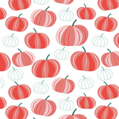 Pumpkin flat hand drawn seamless pattern. Healthy nutrition cartoon texture. Organic food scandinavian illustrations. Diet sketch color cliparts. Kitchen textile, background vector fill
