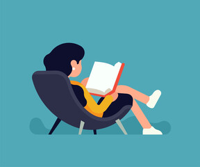 Chill out time with a good story concept vector illustration. Reclined woman reading a book in a lounge chair