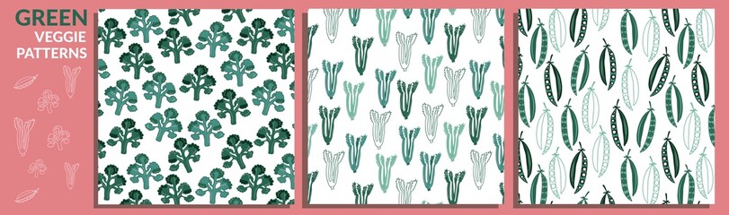 Set of vegetables flat hand drawn seamless pattern. Healthy nutrition cartoon texture. Organic food scandinavian illustrations. Diet sketch color cliparts. Kitchen textile, background vector fill